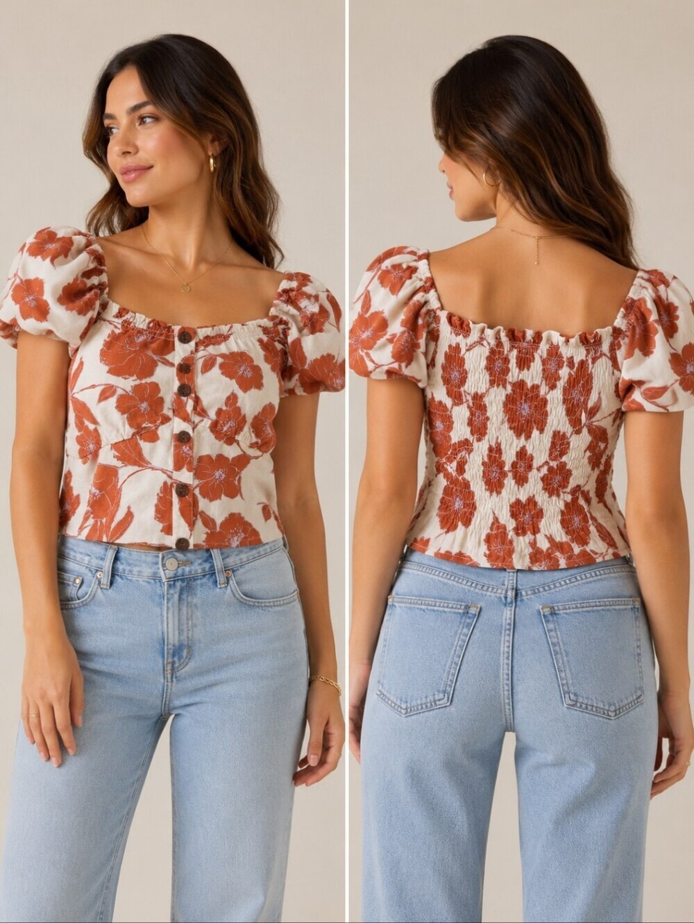 Monteau Los Angeles Floral Puff Sleeve Smocked Crop Top Cottagecore Large